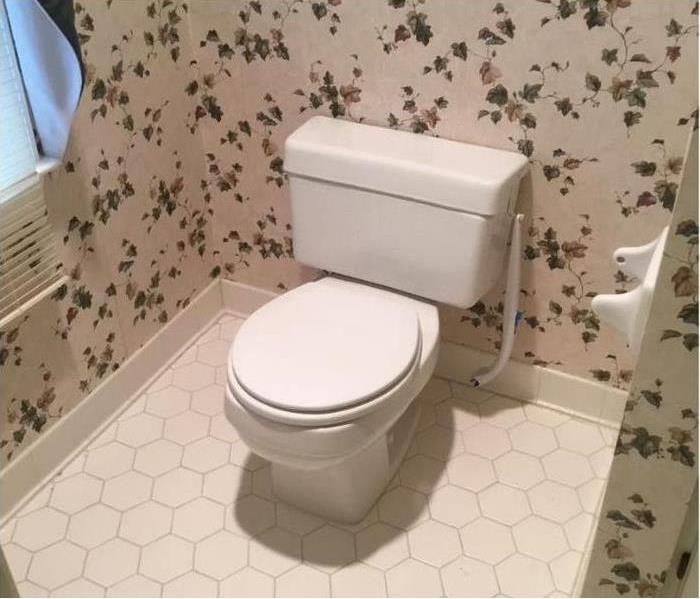 Hexagon tiled flooring with a white toilet and roses on the wall paper. 