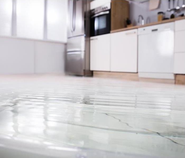 water on the floor of a kitchen with a window and kitchen room appliances to the right.